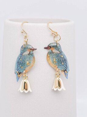 Resin Bird Charm Dangle Earrings - White